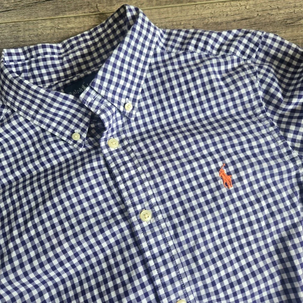 Ralph Lauren Boys Purple Gingham Button Down Shirt L 14-16 Slim Fit Cotton